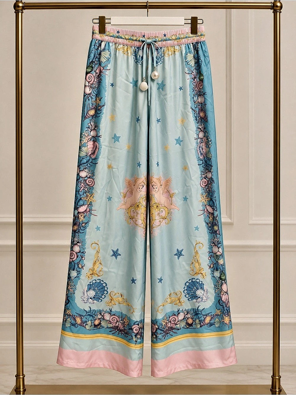 Rachel Zoe Aqua Seashell Cherub Print Wide Leg Palazzo Pants Size M